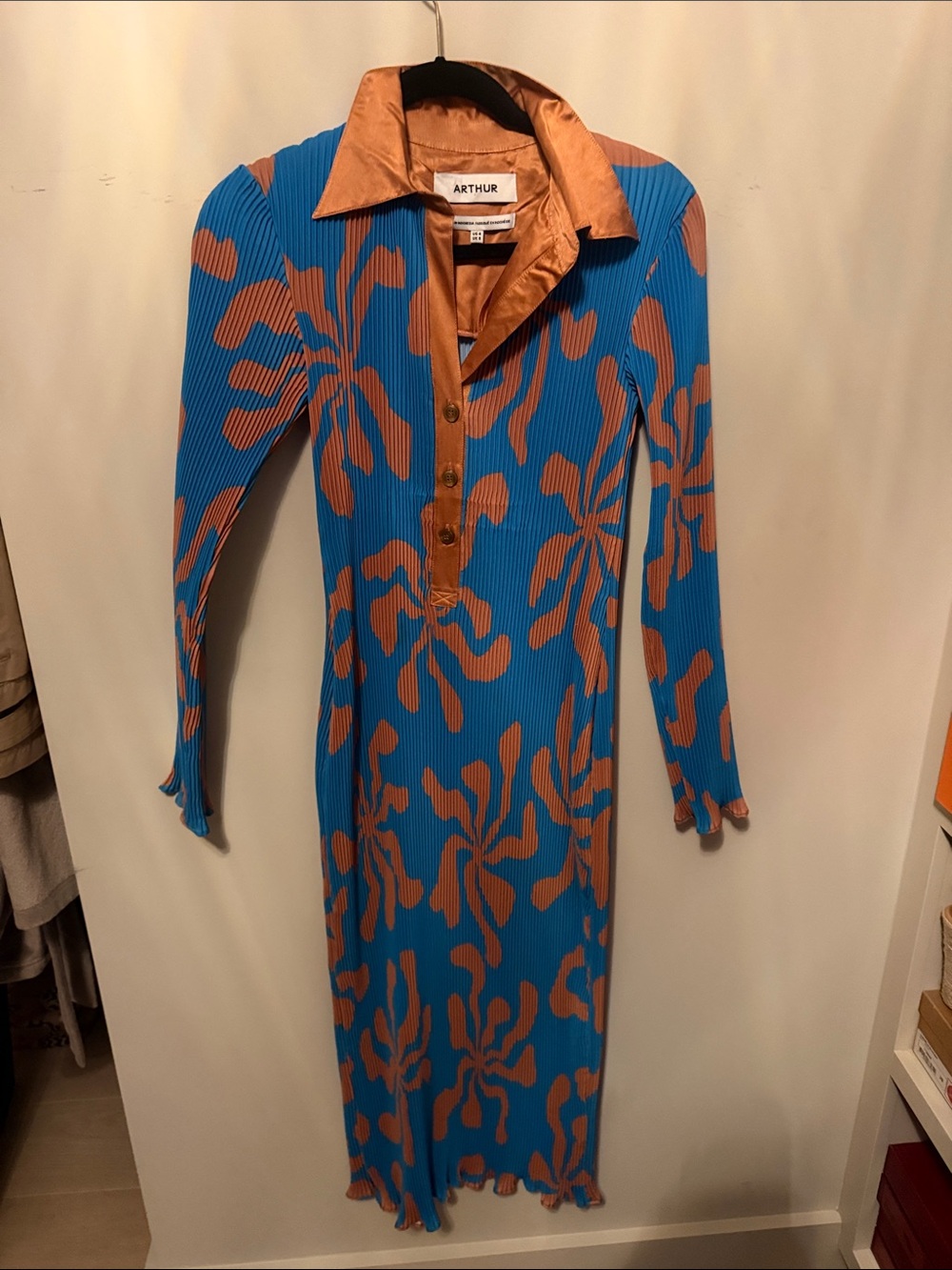 ARTHUR Blue & Brown Long-Sleeve Collared Midi Dress